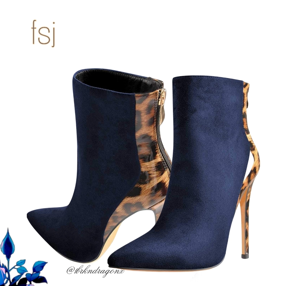 NWT Navy or Black Leopard Stilettos Two Tone Booties Polished Dress Booties - Picture 14 of 14